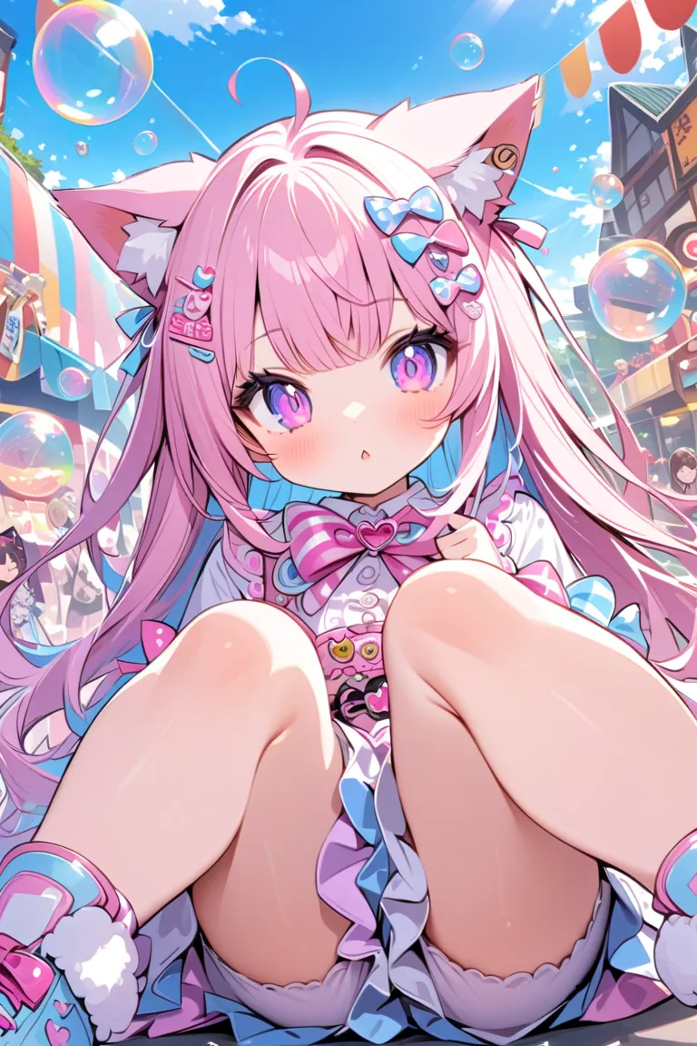 cute, cute,  adorable by design,  pink,  purple  , Baby Blue, (( 1 girl)),  The theme is a Japanese festival, Clothes made at amusement parks  ,  fluffy and soft ,  Decora, Cat ears, Harajuku fashion outfit, Harajuku， Soap bubbles