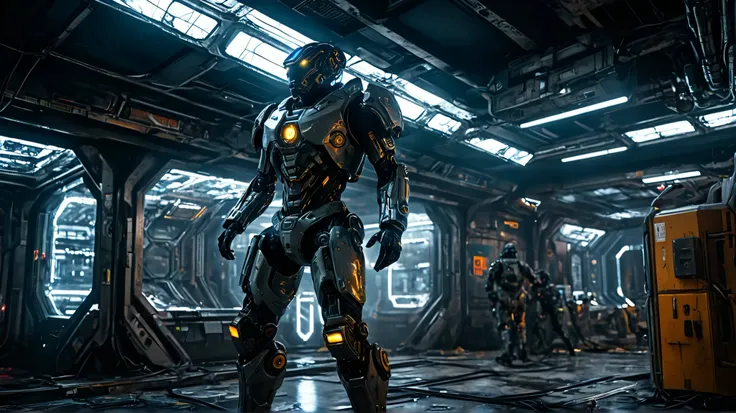 a terrifying, dark, eerie space horror sci-fi thriller,detailed mechanical cyborg,glowing cybernetic implants,intense gaze,ominous atmosphere,abandoned space station,flickering lights,noxious fumes,ominous shadows,4K,8K,high resolution,masterpiece,ultra-de...