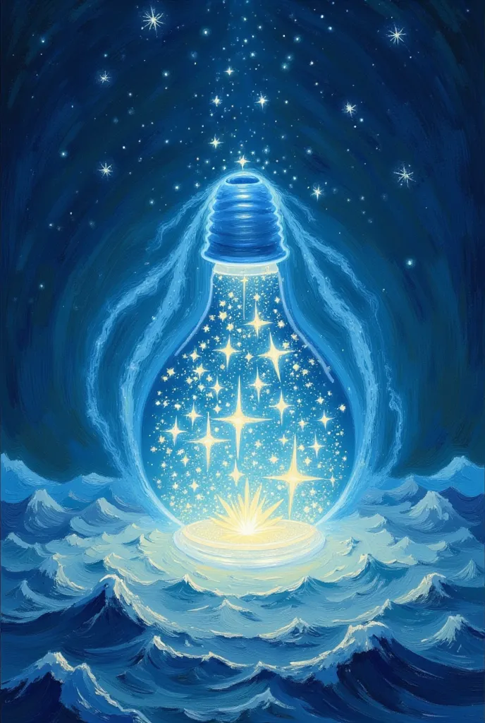 A light bulb，It contains glowing stars， blue background 