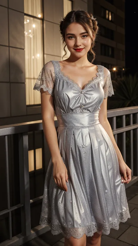 full body picture of a (simple style), silver dress, Butterfly heart, pleated lace, Edwardian lace dress. add skin blemishes, acnes, spots beautifully, red lips, beautiful hairstyle, nighttime, a little cute smile, 