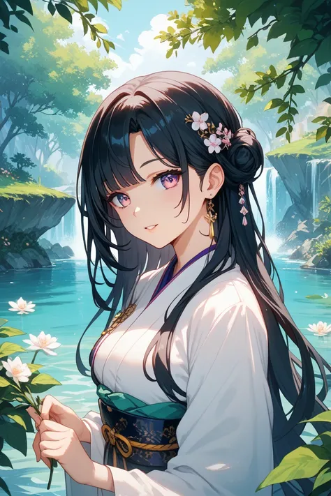  Nijisanji　 black hair　The hair is long enough to fit on the shoulders 　The bangs are separated 　Image color green　Japanese style　 cool cute　cool