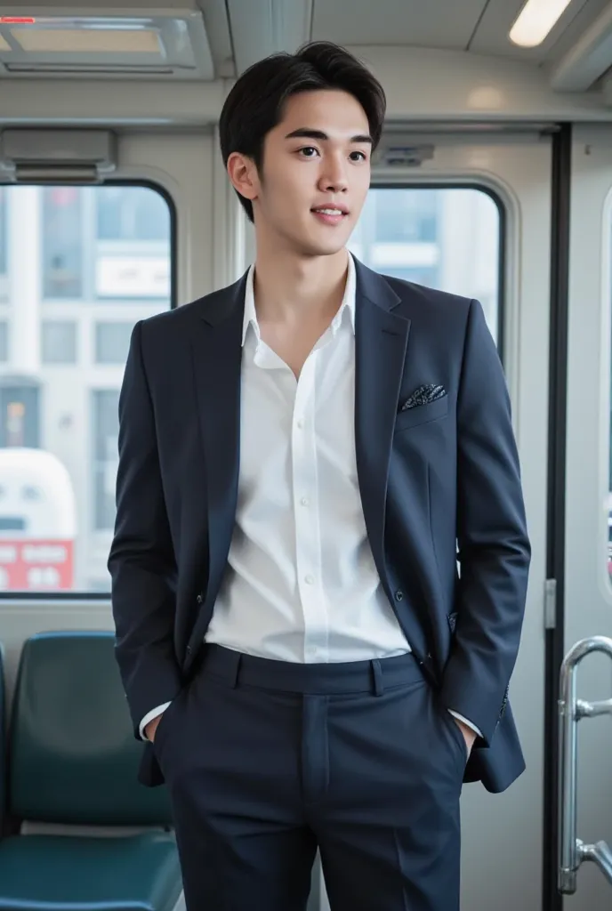 (photorealism:1.2), Handsome japanese man, 22-27 year-old, Model,    wear a tailored shiny white formal shirt , suit jacket, Top button down loose ,  Unbutton your shirt, in the train, standing, JR in Japan, smile