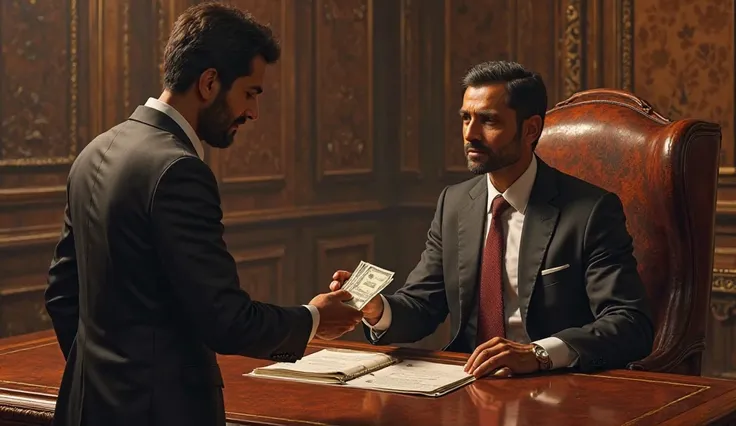 "Inside a lavish office, a businessman (Vijay) in a suit sitting behind a large desk, handing money to a modestly dressed man (Rahul), who takes it with a heavy heart, looking disappointed and hurt."
