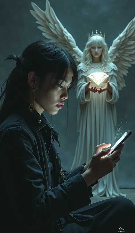 make people who are enslaved to social media by holding a cell phone around someone holding a diamond who has wings, create KEYRIES PRO-JCT lettering on the image background and dark shades