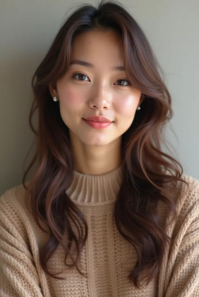 Create a bust up image of a Japanese woman。She is in her late 30s and has long brown hair and is lightly wavy。The chin is round and has a young impression。My skin is brown and I'm wearing an autumn knit。

