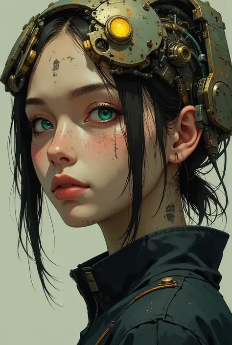 facing forward,(The vertical half of the face is machine-made and exposed，is a cyberpunk digital close-up painting、High School Girls (10th generation women,I'm wearing a black sailor suit),  Right in front of you . The character's face is、A cybernetic face...