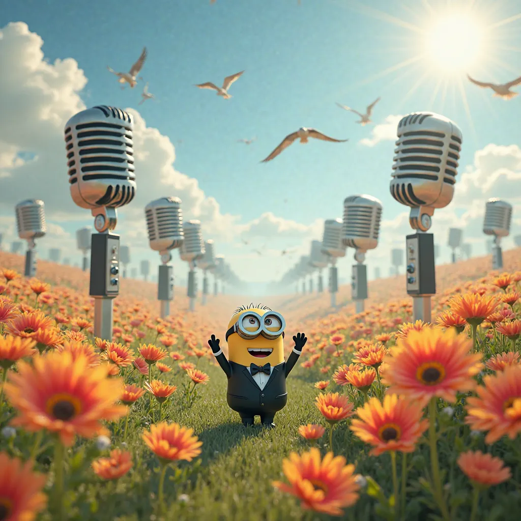 a huge field of iron large flowering microphones, in the center is a minion in a black tailcoat and a bow tie on his neck, raised his hand and sings, birds, sun, clouds, photo