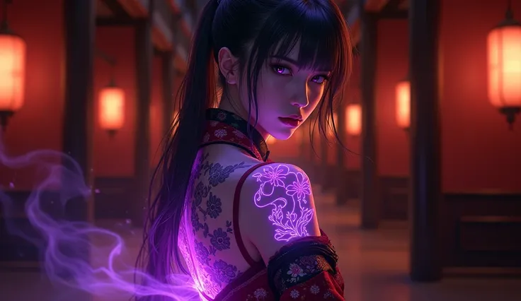 A fierce female samurai warrior with a glowing neon tattoo covering her arm, standing in a dimly lit traditional Japanese dojo. She wears an elegant red and black kimono with intricate floral embroidery, her katana resting at her hip. Her expression is cal...