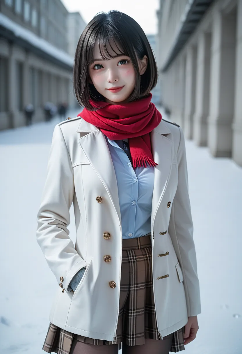 score_9, score_8_up, score_7_up, super precise,Absolute determination, detailed, beautiful face and eyes ,1girl,black eyes,black hair,bob cut,short hair,big breasts,school uniform,white coat,long coat,red scarf,brown skirt,checkered skirt,black pantyhose,l...