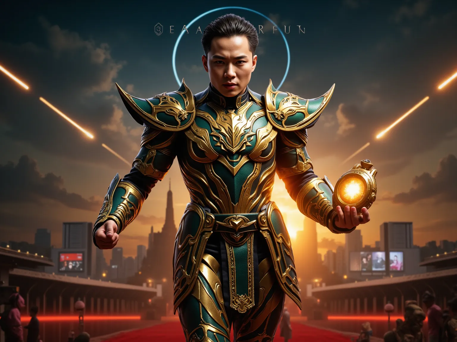 Epic cinematic superhero character design inspired by the life, career, and personality of General Prawit Wongsuwon (nicknamed 'Uncle Pom'), created using SeaArt Realism. The hero’s armor is grand and authoritative, featuring metallic gold and deep green t...