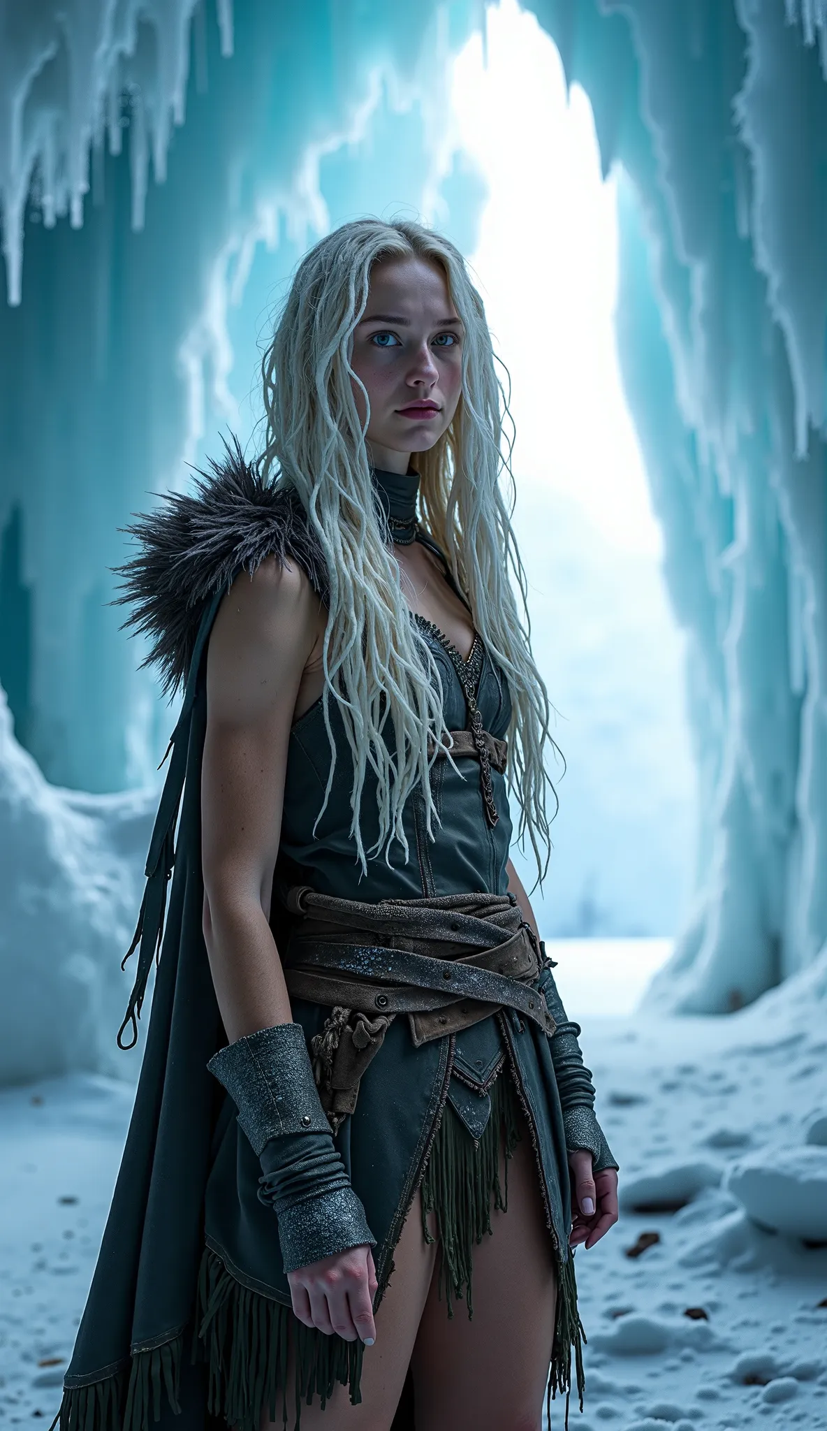 ((Masterpiece)), ((Ultra-detailed)), (High resolution 8K, RAW)), A mesmerizing young woman, 24 years old, with long, platinum-blonde dreadlocks cascading over her shoulders, strands lightly frozen from the cold. Her piercing ice-blue eyes hold an intense, ...