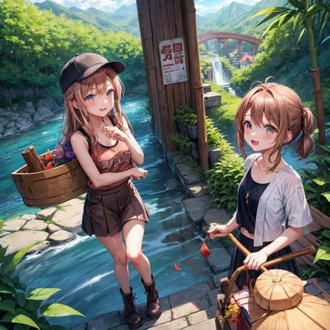 pink brown brown gold hair、 eye、  Has hair tied  、Two cute people、 check miniskirt、  black t-shirt、 Light clothing、 tank top、 camisole、high socks、 Boots、 teeth inside、  The Road Is Crooked 、Mountain々、Stick together  、 bamboo forest、 chest pocket  、rock sal...