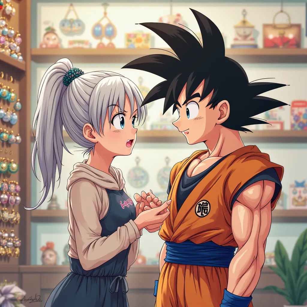 Afeminate ponytailed astolfo chatting amicably with Goku at an earring store