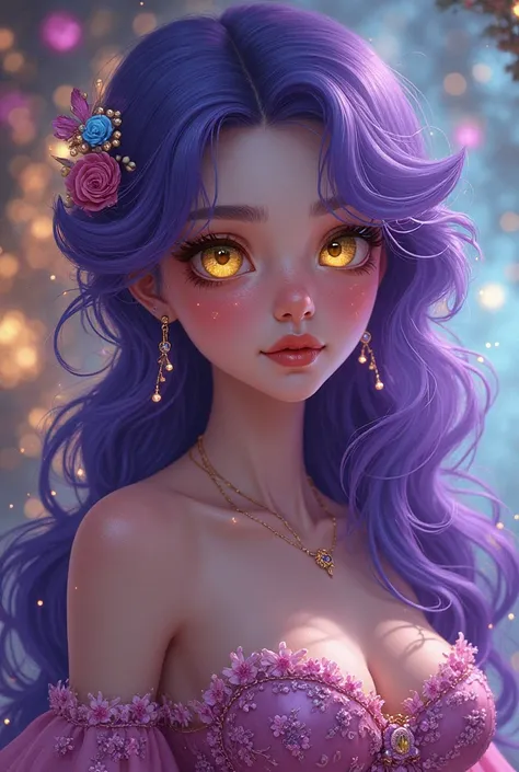 Fille ,  yeux jaune , Cheveux Violets , robe de soirée animé 



