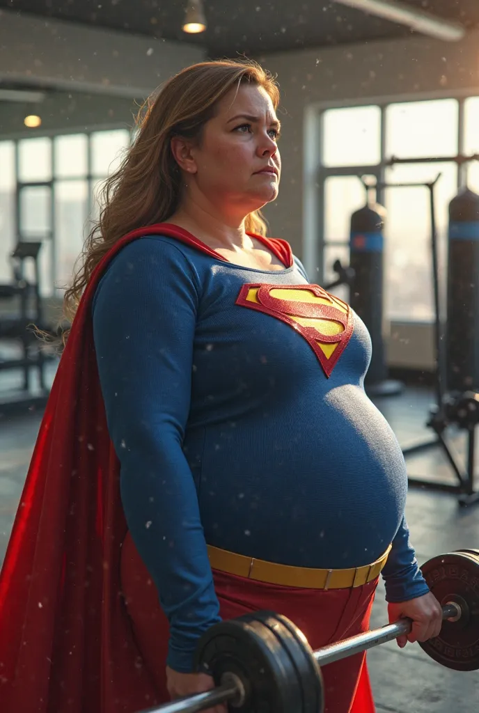 *A highly detailed 3D-style scene with a semi-realistic touch, featuring an overweight Supergirl training in a well-lit gym during the daytime. She is dressed in her classic blue and red suit with the iconic "S" emblem on her chest and a flowing red cape. ...