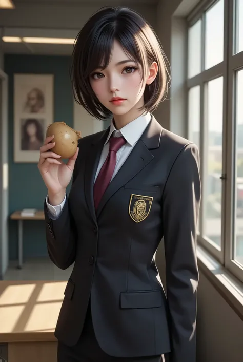 The mysterious transfer student, (Full body composition, from above), Mature female body, Alone, (She is wearing a school boy uniform:1.6, Boys&#39; school uniform:1.2, School uniform:1.3), (I have one realistic potato in my hand:1.5)