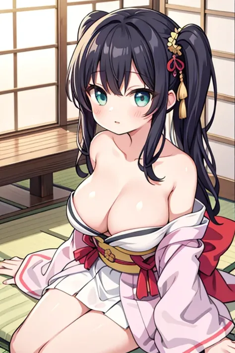 girls、 middle school student、Big Breasts、 kimono、Half-naked、 no bra、おっぱいの谷間、Japanese-style room