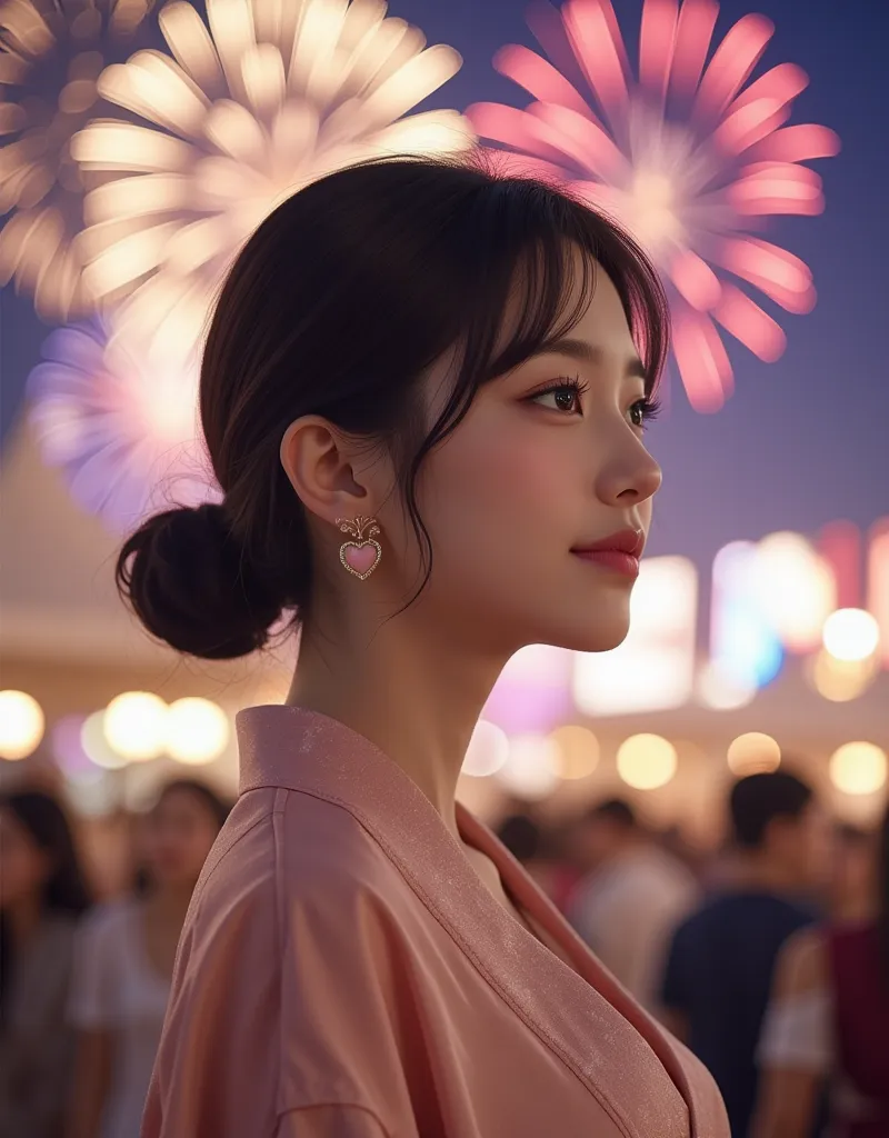 (Korean college girl with super cute big boobs is enjoying the fireworks:1.2)(Happy smile:1.2)(16k,  RAW photos , Best Quality, masterpiece: 1.2),(glossy black hair cute bun hair) Super Detail, super resolution, (Genuine, Genuine photos: 1.37),  portraits,...