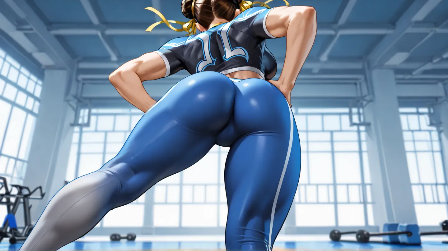 1girl, chun-li, street fighter 6, adult, face, blue floor, gym, blue skintight compression tee, grey tight leggings, blue shoes, compression tee, shirt, butt, thigh, top, hands on hip, back shot, standing, low angle, black shirt, hair bun, double bun, eyes...