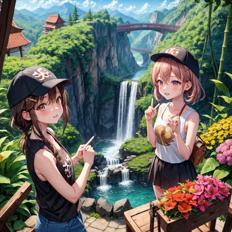 pink brown brown gold hair、 eye、  Has hair tied  、Two cute people、 check miniskirt、  black t-shirt、 Light clothing、 tank top、 camisole、high socks、 Boots、 teeth inside、  The Road Is Crooked 、Mountain々、Stick together  、 bamboo forest、 chest pocket  、rock sal...