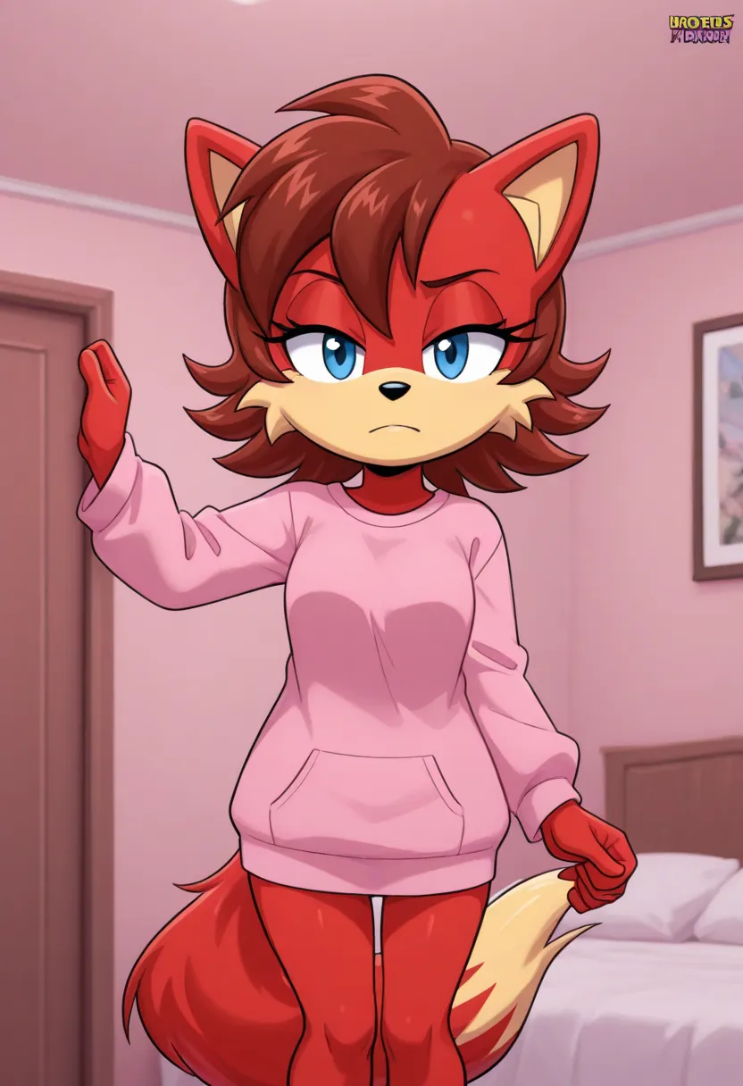 Fiona The Fox, holding up a blue and pink sweatshirt while standing in a bedroom, 1girl