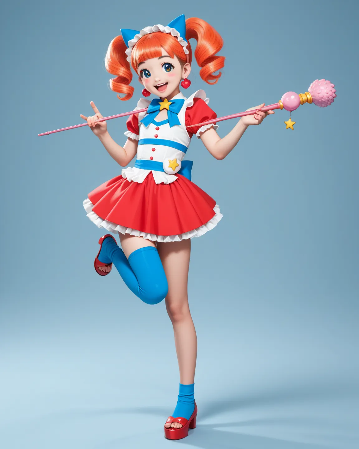 kawaii anime style , petit girl , petit boobs , glossy skin , Magical DoReMi cosplay , (anal dildo like magical wand:0.7) , Mascot character