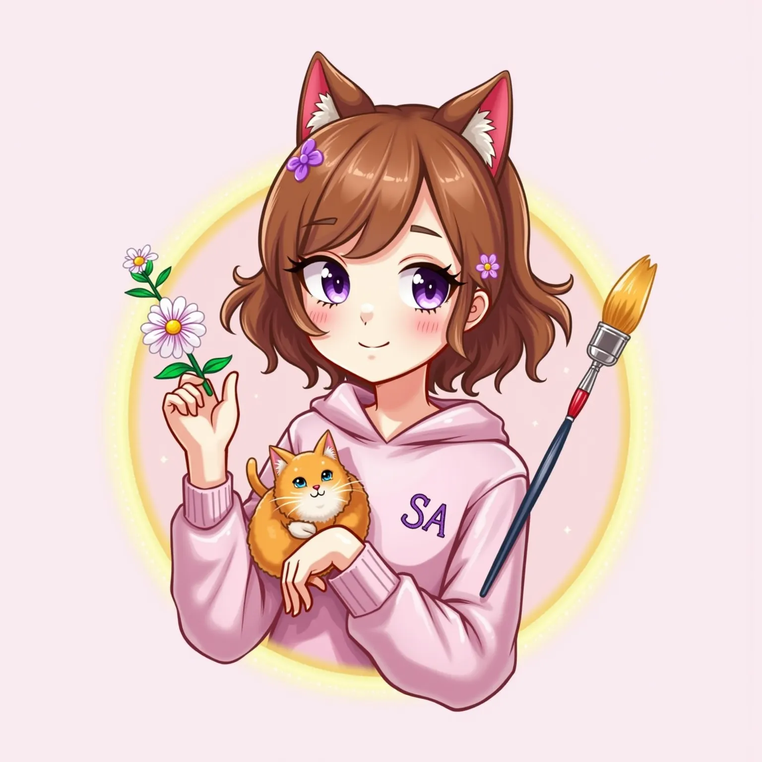 I want to make a youtube channel and maybe later a brand help me make a logo/picture. chanel witll be about making art and craft and family friendly. the name of it should be Kitmova Kittycrafter (include that in the logo). make a girl with brown hair, pur...