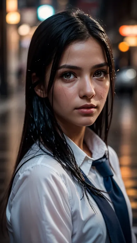 1girl, long black hair,schoolgirl uniform, shy, blush, wet, rain, transparent, (masterpiece, best quality), soft light, cinematic composition, cinematic light