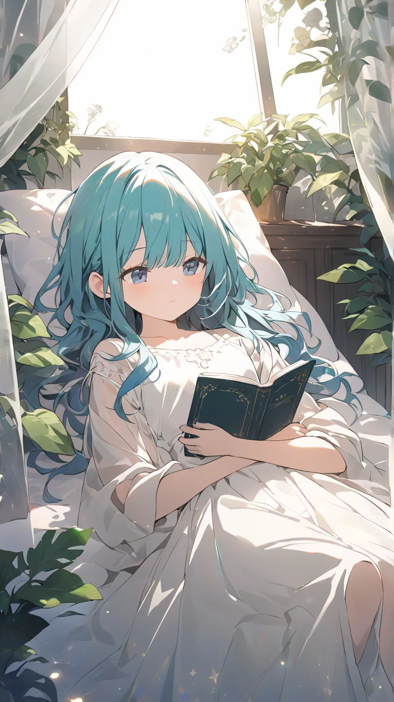 1 girl crouching, room、houseplants、curtains、Read a book while lying on your back、greenい目, green/light blue hair tied at the top、from above、Dutch Angle, glitter effect, lens flare, 