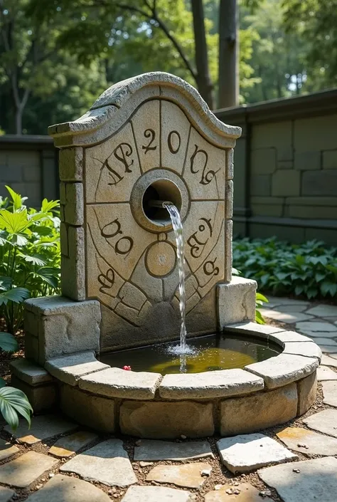 An ancient stone fountain carved with intricate numerical symbols. Water flows only when visitors solve simple math problems involving apples, candies, or other objects. The setting is peaceful yet challenging, encouraging teamwork and problem-solving.