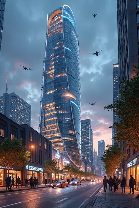 Here’s a detailed and captivating prompt for the image:

---

**Prompt:**  
"A sleek, futuristic high-rise building towering over a bustling commercial street at dusk. The building features a modern architectural design with curved glass facades that refle...