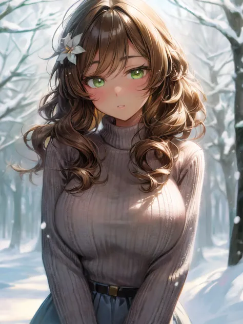 Nozomi Tojo, Kitojo ,  green eyes, Brown Hair, Curly Hair,  Big Breasts , masterpiece,  top quality ,  high definition ,  beautiful detailed eyes,  extremely detailed face,  good lighting ,  CG in detail,  messy hair,  glossy lips , worried, Snow Forest, k...