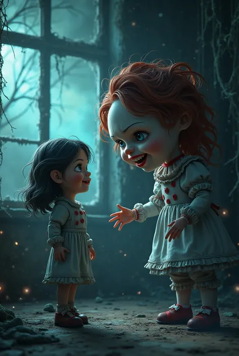 One stormy night, the doll tries to lock the girl inside a dark room, but she remains calm and kind,3d cartoon style