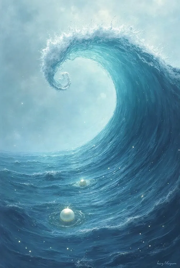 please draw me a picture to describe the sentence " ocean whispering pearl words". draw a sea wave as a human mouth is opening and inside it is a pearl bead 