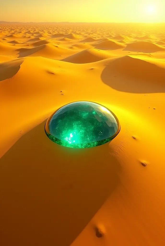 {
  "prompt": "A stunning aerial view from 2000 feet above an endless golden-yellow desert, where a massive, radiant emerald gemstone lies in the center of the vast dunes. The emerald glows with deep green hues, its flawless facets reflecting sunlight bril...