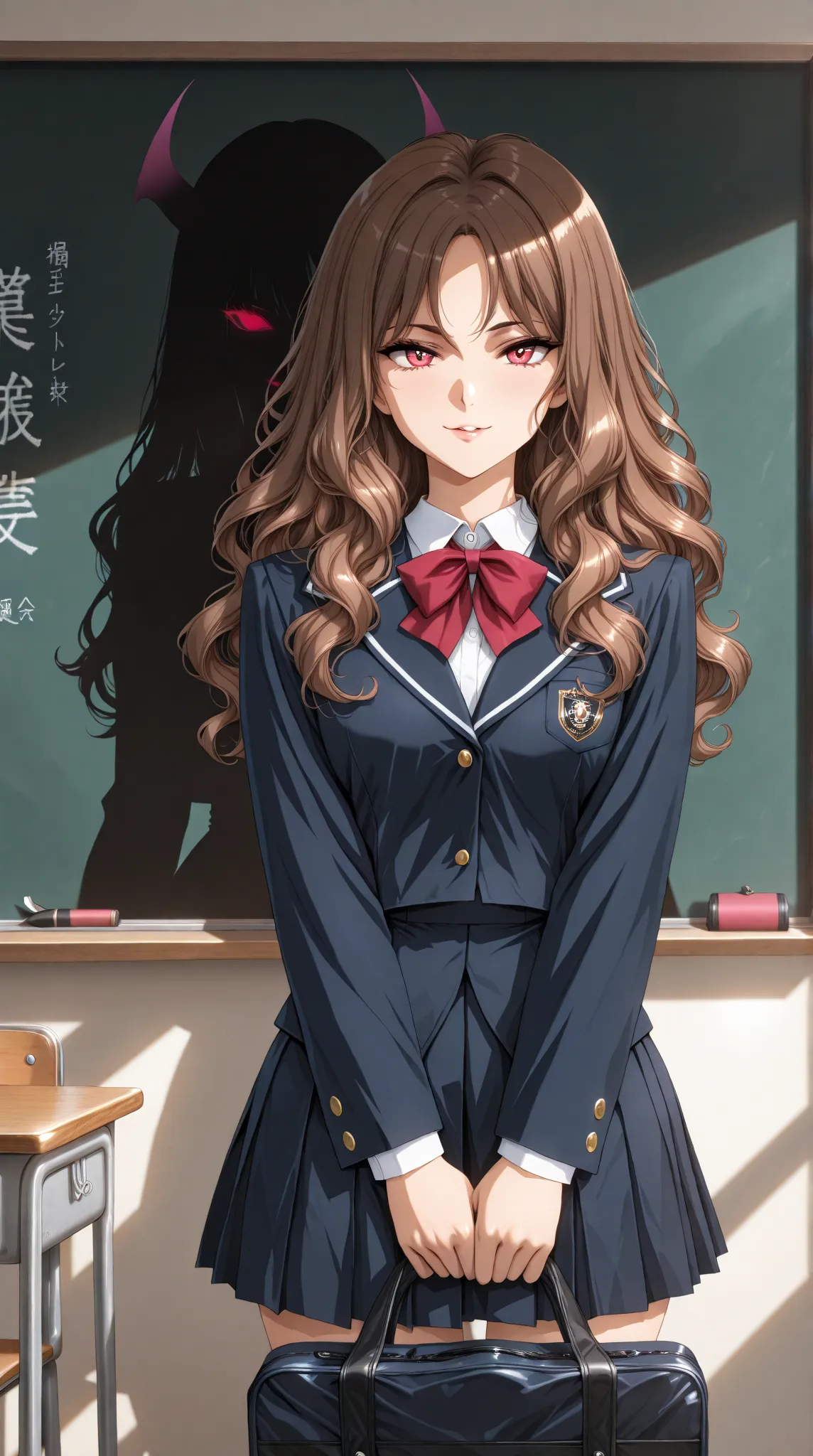 A beautiful and seductive female student, solo, (incredible high resolution, masterpiece, top quality, highly detailed, CG, high quality anime drawing), (school uniform, wavy hair, holding school bag), (classroom, introducing herself in front of the classr...