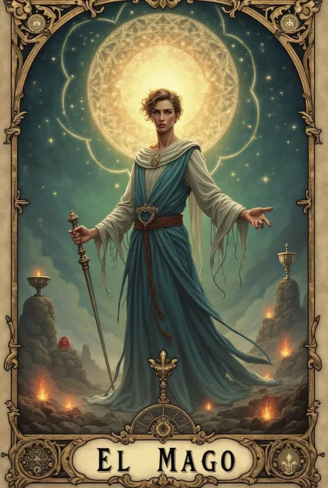 Create the tarot card  "The Magician" May he be a man with a more spiritual style, with a thin frame and that includes the name in Spanish