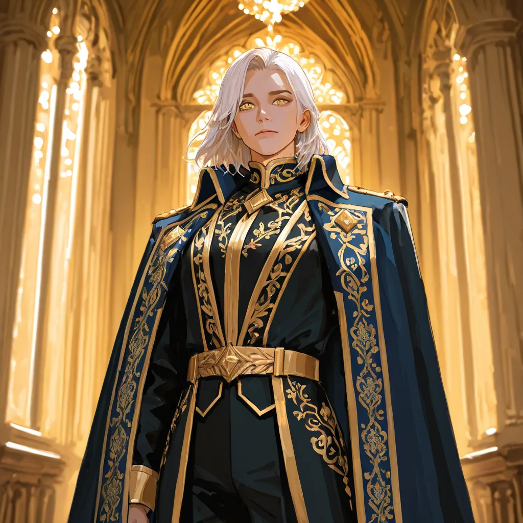  handsome man,white hair,  Yellow Eyes, monarchy outfit 