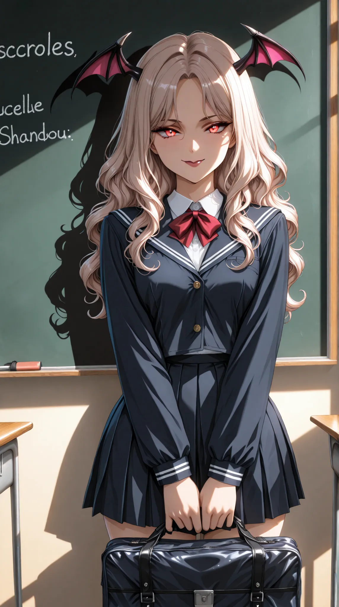 A beautiful and seductive female student, solo, (incredible high resolution, masterpiece, top quality, highly detailed, CG, high quality anime drawing), (school uniform, wavy hair, holding school bag), (classroom, introducing herself in front of the classr...