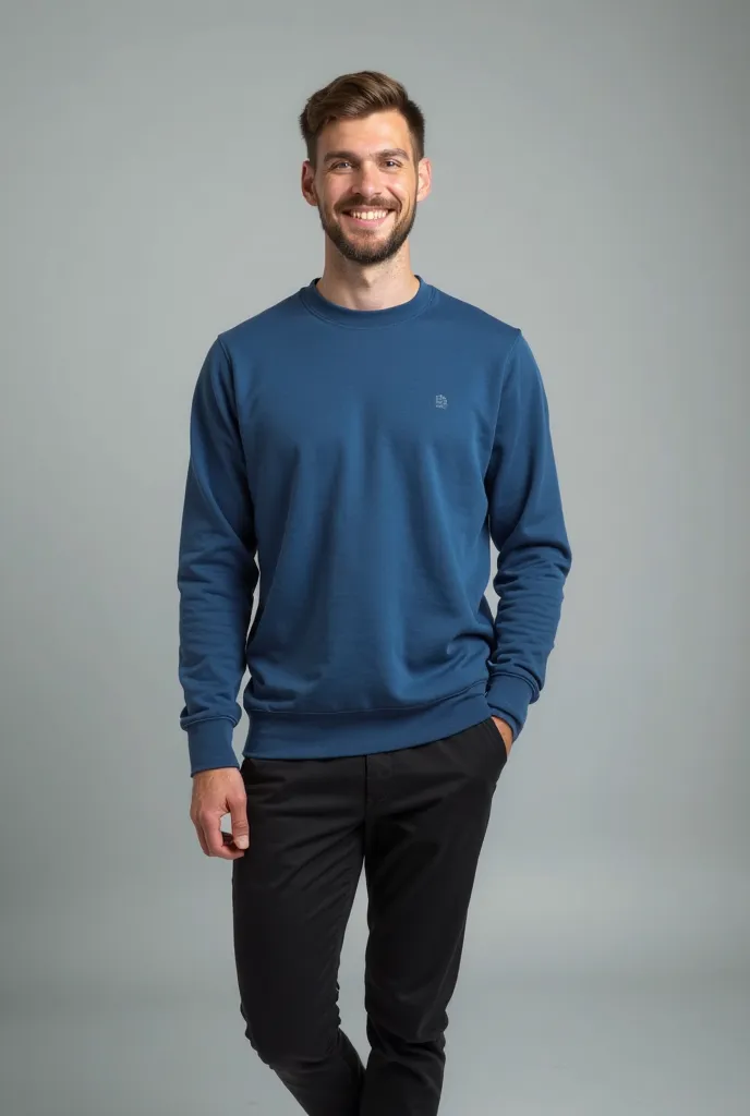 adult man about 25 years old, realistic brunette, standing straight and posing in front of the camera. he stands there like he's having a photo shoot. he smiles. I need a full-length photo of a man. he stands half sideways and looks at the camera. he is we...