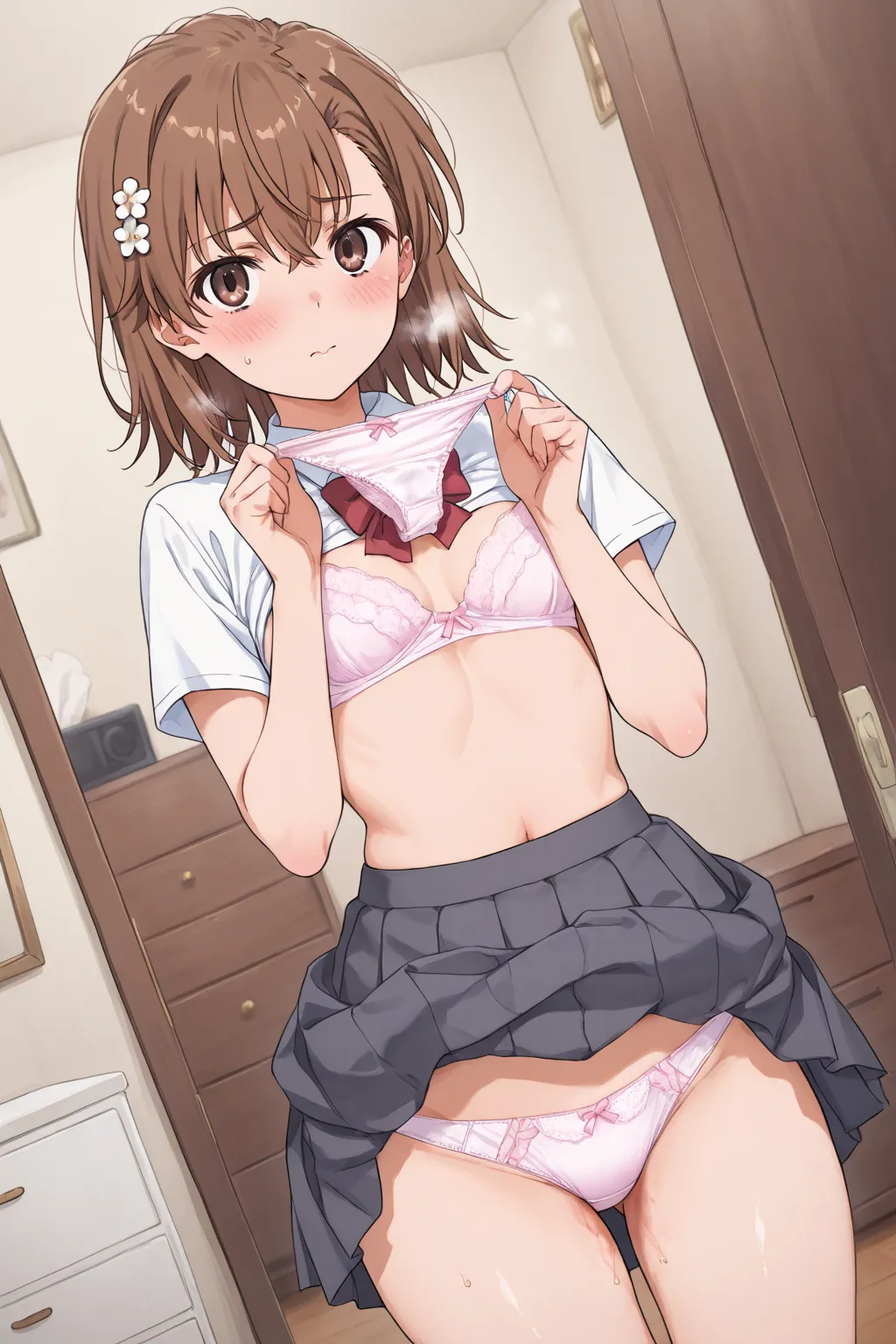 Beautiful Girl、Misaka Mikoto、pleated skirt、blush、 girly room、chest of drawers、chest of drawersの引き出しが開いている、chest of drawersの中には下着、panties in hand、holding panties with both hands、steam from panties、chest of drawersが開いてる、shows off her panties、Crotch、panties c...