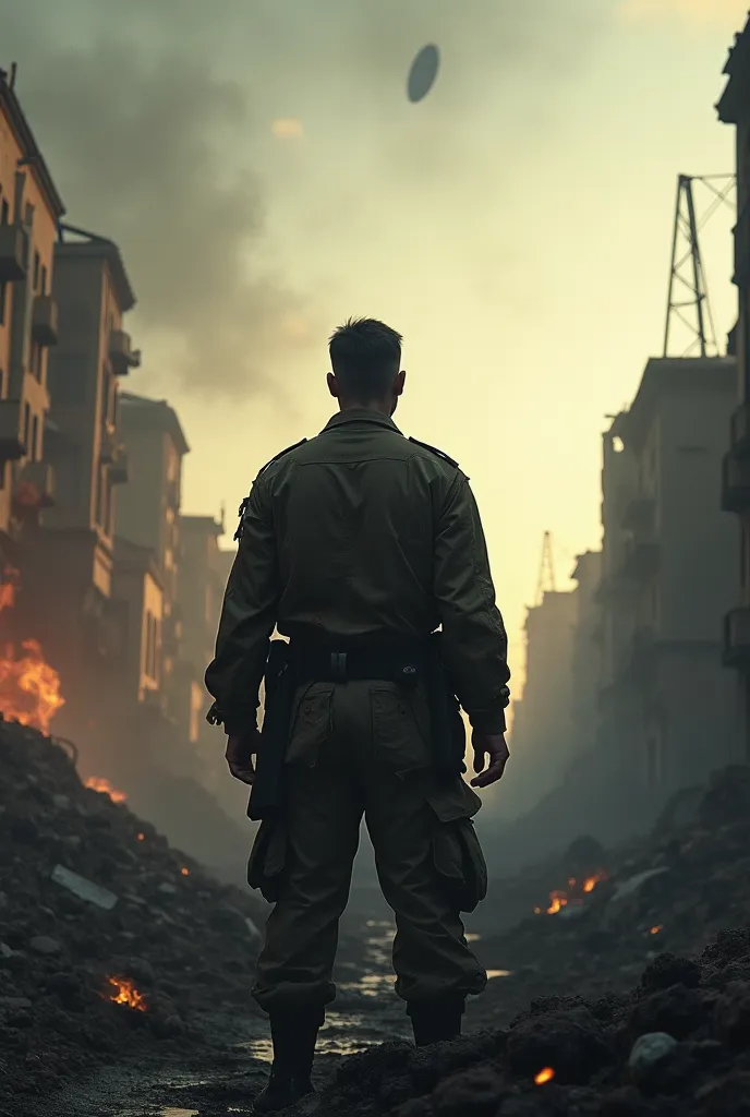 Man standing with his back to his clothes torn in the middle of war, fire and destroyed buildings. A shell in the sky at sunrise.