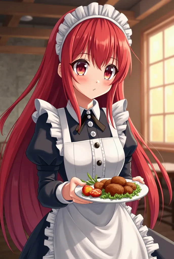 anime girl with red hair holding a plate of food in a restaurant, an anime drawing by Kamagurka, pixiv, renaissance, erza scarlet as a real person, rias gremory, kurisu makise, seductive anime girl, makise kurisu, kurisu makise steins gate anime, nighttime...