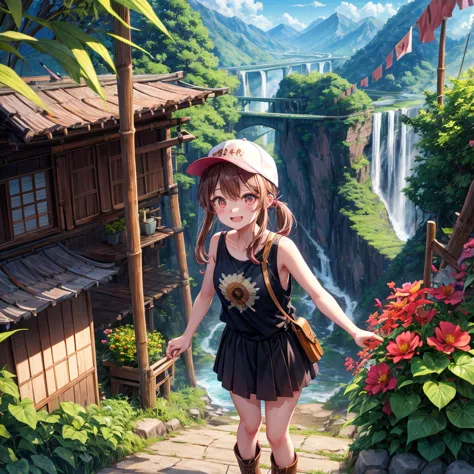 pink brown brown gold hair、 eye、  Has hair tied  、Two cute people、 check miniskirt、  black t-shirt、 Light clothing、 tank top、 camisole、high socks、 Boots、 teeth inside、  The Road Is Crooked 、Mountain々、Stick together  、 bamboo forest、 chest pocket  、rock sal...