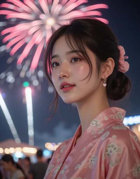 (Korean college girl with super cute big boobs is enjoying the fireworks:1.2)(Happy smile:1.2)(16k,  RAW photos , Best Quality, masterpiece: 1.2),(glossy black hair cute bun hair) Super Detail, super resolution, (Genuine, Genuine photos: 1.37),  portraits,...