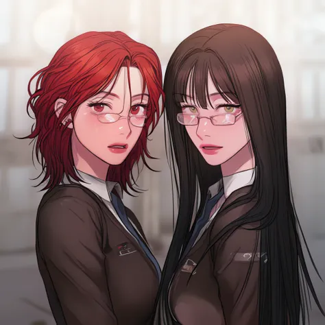 A woman with a school uniform and long black hair, and has red eyes, glossy lip, glossy skin and white skin, standing right next to another woman with a school uniform and has short black hair, has green eyes, and eyeglasses, glossy white skin and glossy l...