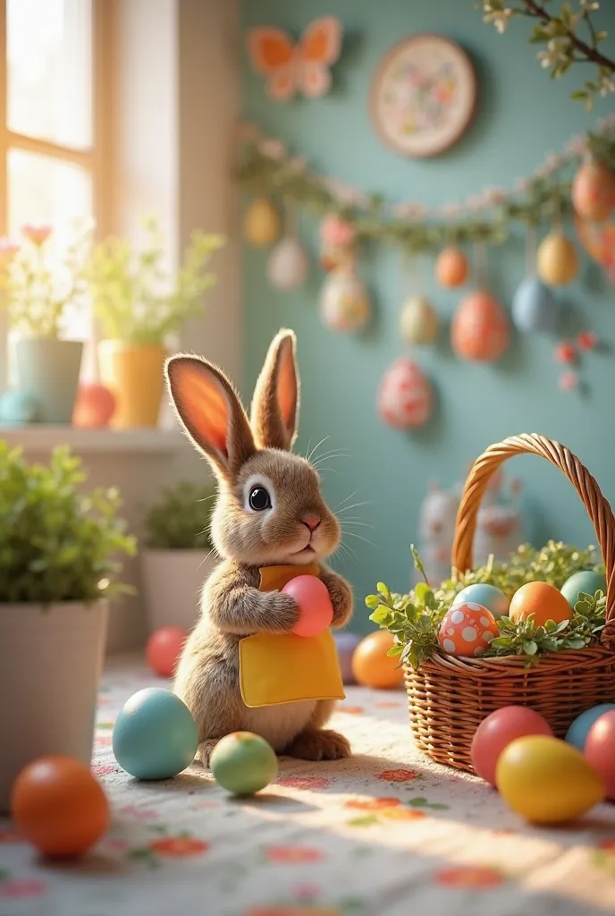 Imagine a pretty spring decor : in the center, lighting the scene with a soft glow, wearing a colorful apron, the walls are decorated with spring decorations. The egg is placed on a small table, adding a warm touch to the atmosphere.

Around the rabbit, fo...