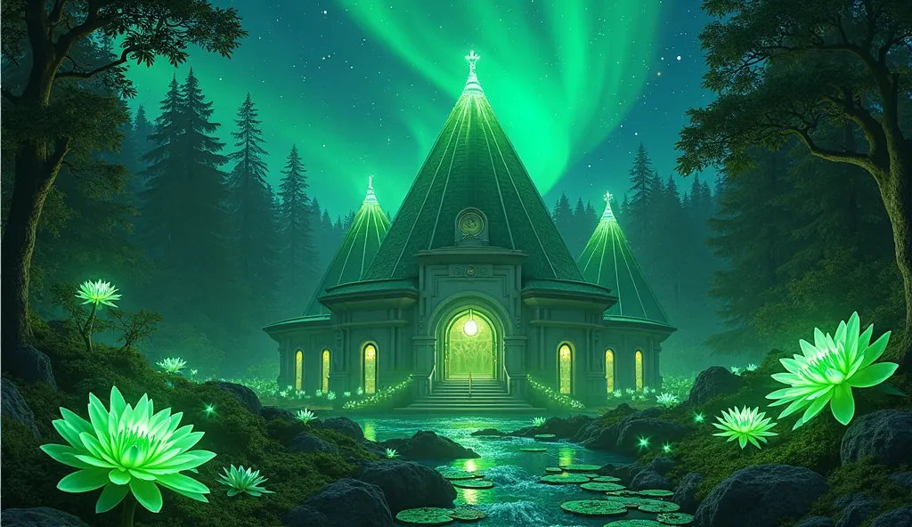 Fantasy temple with peaked towers green light, the temple has 3 small balls of beautiful green light on the top,  at night,  clear sky con la aurora boreal verde de color verde,  3 very large green roses ,  at night,3 green unicorns with green horns, 7 flu...