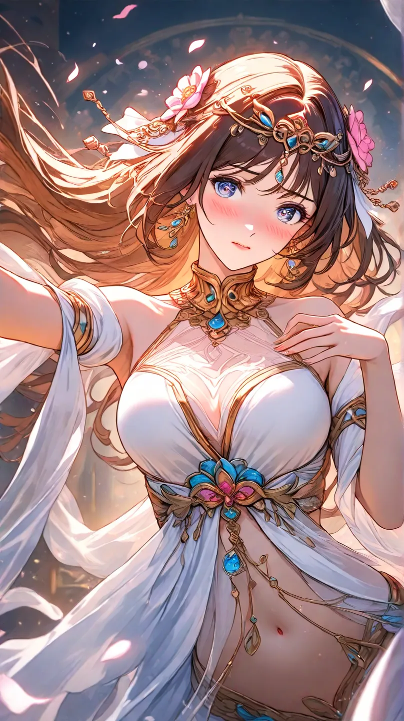 high quality　best image quality　Super Detail　high quality　4k 8k white dancer 　long brown hairstyle　  pink flower hair ornament  　 medium breasts　 　  smile face　supine　embarrassed face