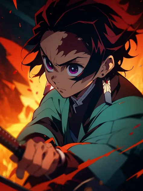 Demon Slayer, the main character Tanjiro, holding a katana., Blue and red flames and wounds everywhere., Method of determination, Ultra-high-definition images,  beautiful face